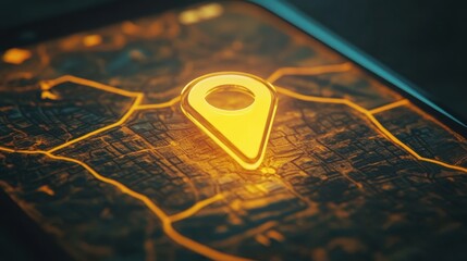 Golden Location Pin on a Digital Urban Map with Vibrant Details and Imaginary Layout