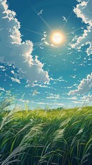 Soft clouds in vibrant blue sky with birds gliding peacefully