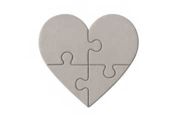 Puzzle pieces interlocking into heart shape, representing emotional bonding and unity against clean transparent backdrop