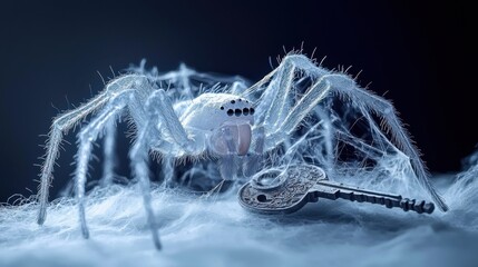 A white spider on a web stands next to a metallic key in a surreal, cool-toned setting.