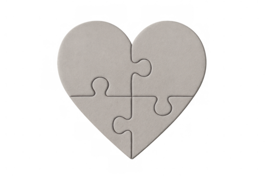 Puzzle pieces interlocking into heart shape, representing emotional bonding and unity against clean transparent backdrop - Powered by Adobe