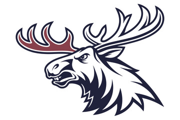 Angry moose head shows fierce face and strong antlers on a white background