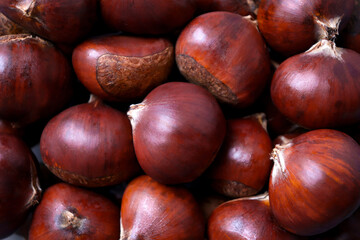 Full frame macro shot of chestnuts. Food background.