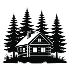 A black and white silhouette illustration of a log cabin in a forest setting