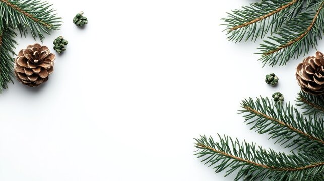 Fir tree twig with leaves and small pine green cones isolated on white