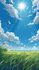 Front view of fluffy clouds, sunshine, and flying birds together