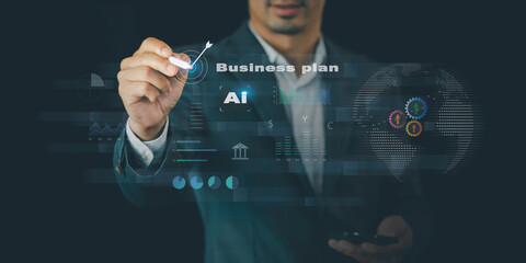 Businessman using AI agent, Business planning, Analysis, finance grow graph, plan and market investment, earnings, sales, and strategy, Stock market chart, exchange, Production Operation Plan