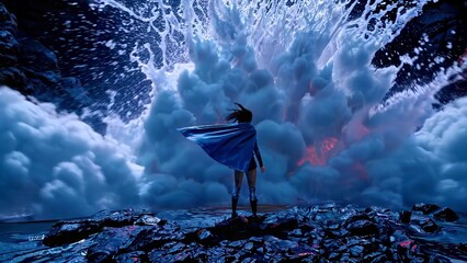 Heroic figure wearing flowing blue cape standing confidently on slick rocks, confronting massive wave and erupting volcano beneath dramatic night sky, embodying superhuman resilience