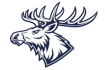 Stylized navy moose head shows imposing antlers in a bold and striking form