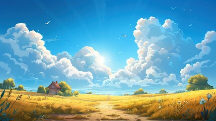 Front view of bright blue sky with soft clouds and sunshine