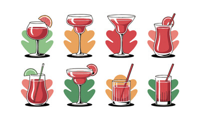 A Modern vector illustration featuring eight stylized red cocktails, each served in a different type of elegant glass, easily editable and scalable.