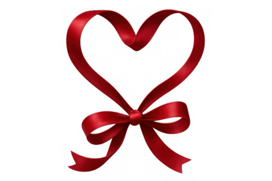 Shiny red ribbon forming a heart shape with a bow, perfect for valentine's day or romantic designs, on a transparent background