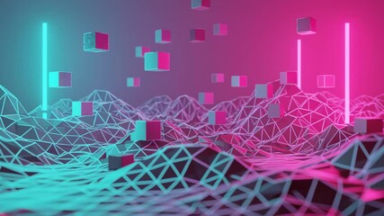 Neon-lit low-poly landscape with floating cubes. - Powered by Adobe