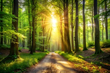 Obraz premium Sunlit Path Through Lush Green Forest at Sunrise, Tranquil Nature Scene