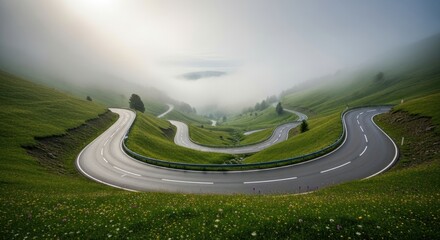 Winding road through a misty mountain valley.