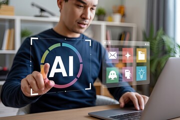 Man interacting with ai interface on laptop showing data analytics and digital icons