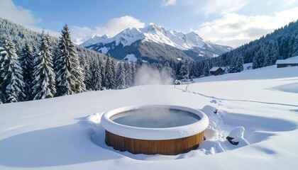 A steaming outdoor hot tub sits nestled in a snowy alpine field, surrounded by snow-covered evergreens and majestic snow-capped mountains under a bright winter sky