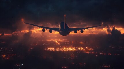 Majestic airplane soaring through dramatic skyline at sunset with vibrant clouds