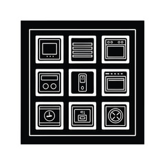 Black and White Icon Set of Kitchen Appliances and Utilities