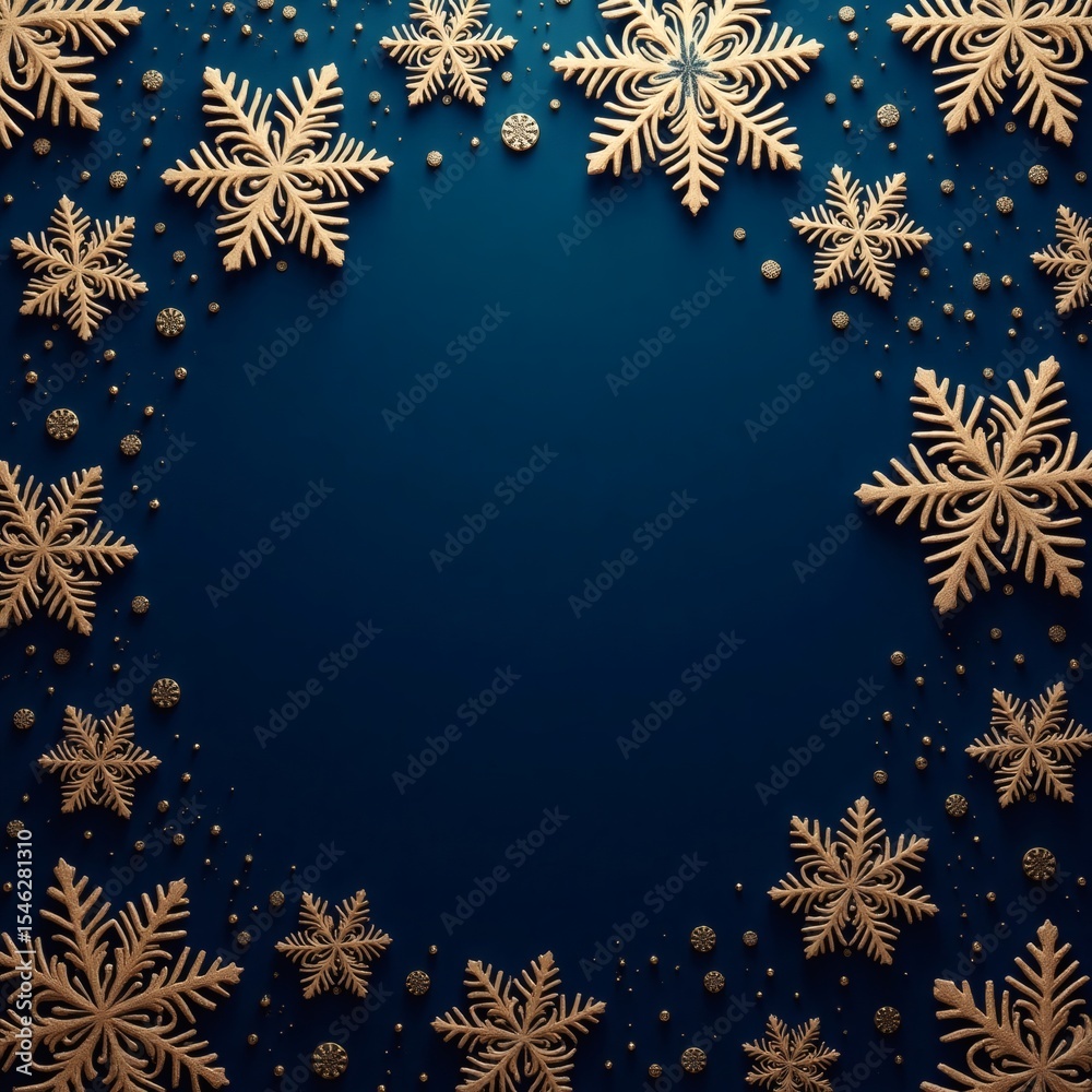 Poster snowflake ornament arranged in a circle around an empty space on a dark blue background.