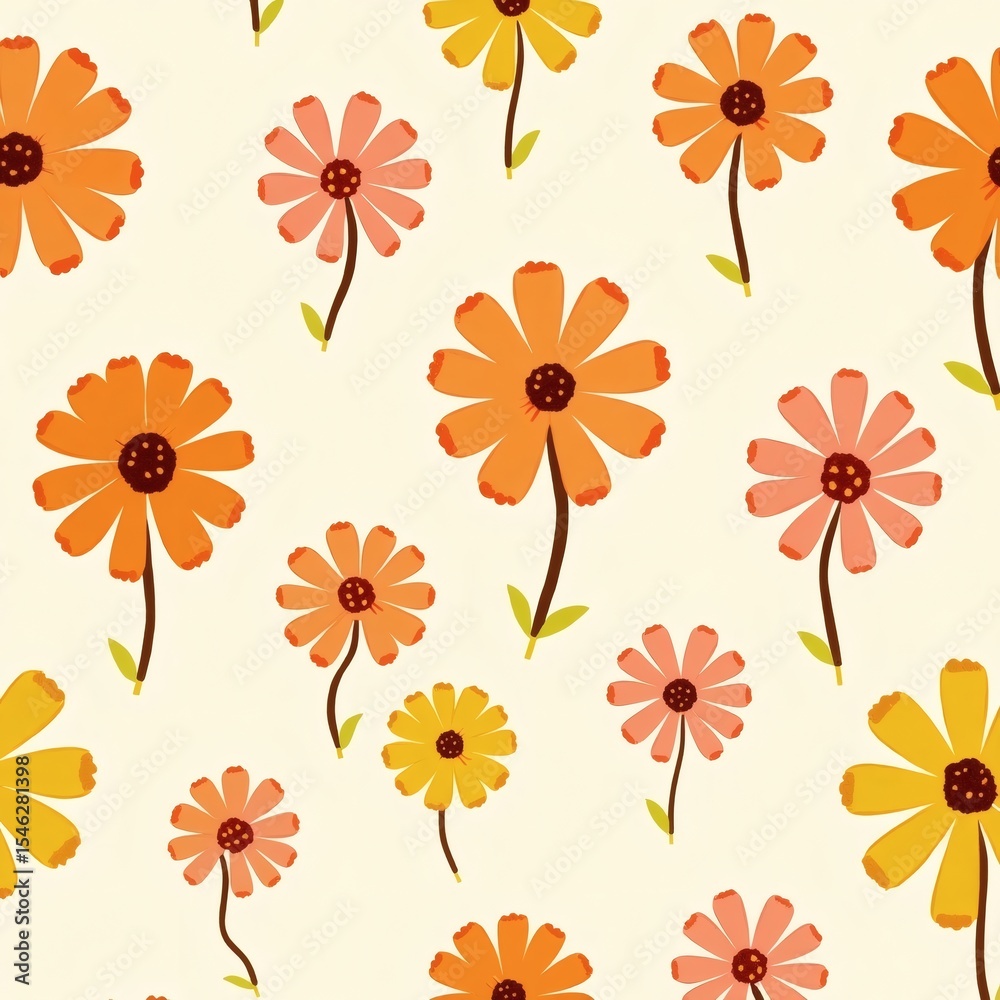 Poster a colorful floral pattern of daisy flower blooming in a row, create a playful and vibrant scene