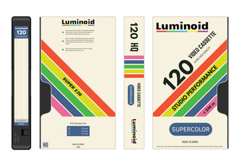 Retro style VHS video cassettes front and back view with label and cover, cover side view. Empty labels with lines for text. Magnetic cassette label fantasy 90s cover design. Vector illustration.