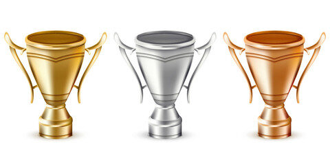 Gold, silver, bronze trophy cups. Vector 3d realistic award prize icons. Design elements reward for championship winners