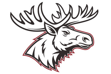 Majestic moose head displays large antlers outlined in black and deep red accents