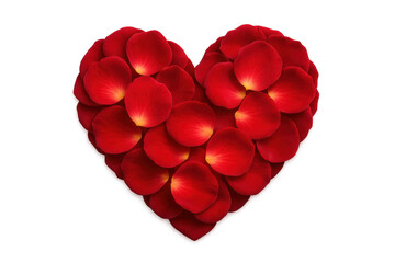 Red rose petals forming heart-shaped design, symbolizing love and romance against transparent background