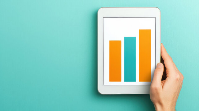 hand holds a white tablet displaying a simple bar chart with three vertical bars in orange and teal on a turquoise background.