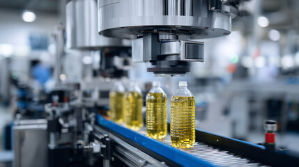 High-speed filling machines accurately dispensing liquid sauces into clear bottles on a conveyor, surrounded by automated quality control cameras and sensors