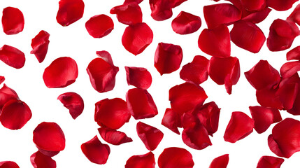 Beautiful scattered red rose petals against a vibrant red background romantic design