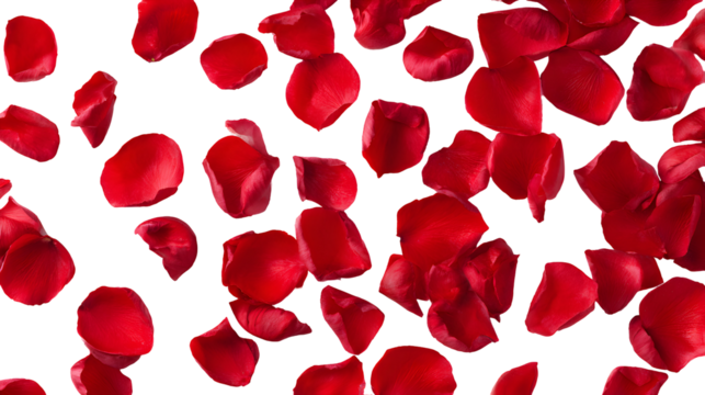 Beautiful scattered red rose petals against a vibrant red background romantic design