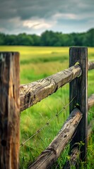 Rustic Wooden Fence in a Lush Green Field under a Cloudy Sky Peaceful countryside scene with a weathered wooden fence and vibrant green grass