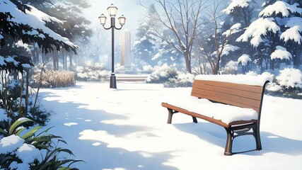 A park bench covered in snow sits under a lamppost in a quiet, serene winter landscape. - Powered by Adobe