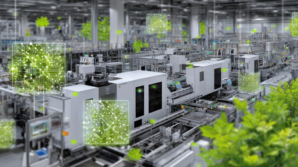 Bright, sterile facility with machines extruding plant-based pasta, workers monitoring quality with augmented reality glasses and green plant motifs on walls