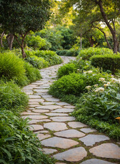 Curving Stone Pathway Through Lush Green Garden Landscape