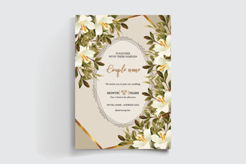 WEDDING INVITATION FRAME WITH FLOWER DECORATIONS AND FRESH LEAVES