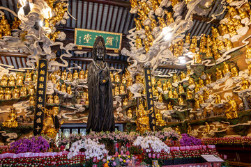 Inside Longhua temple, a central dark Guanyin statue stands amidst myriad golden Arhats,...
