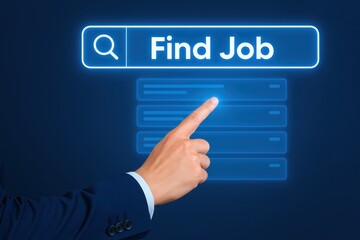 Hand Touching Search Bar for Job Search with Futuristic Interface and Blue Background