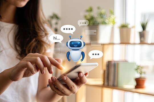 Woman using smartphone with chatbot ai assistant interface