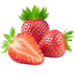 Strawberries isolated. Two ripe strawberries, half a strawberry with green leaves on a white background.