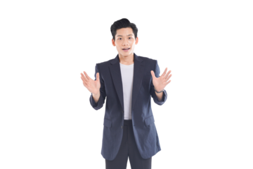 Confident Asian businessman posing with various expressions, professional attire