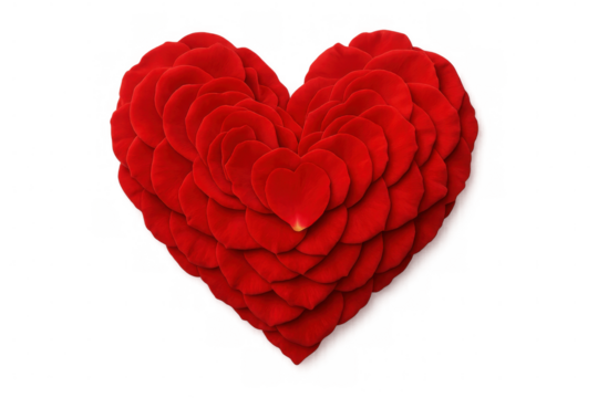 Soft red rose petals arranged forming delicate heart symbol, representing romantic love, floating against transparent backdrop