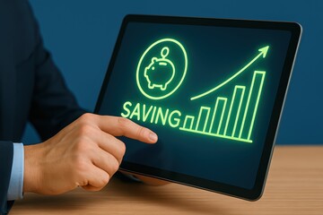 Modern Tablet Displaying Neon Graphic of Saving Concept with Piggy Bank and Financial Growth Indicator