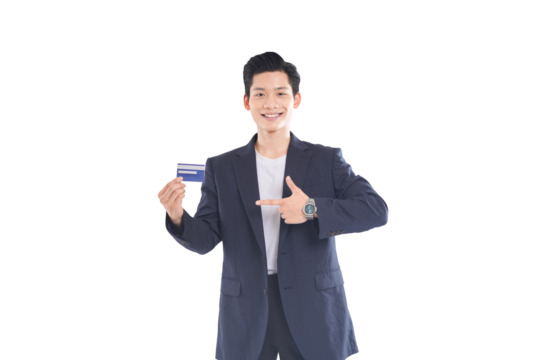 Asian businessman holding credit card, confident expression, financial technology concept