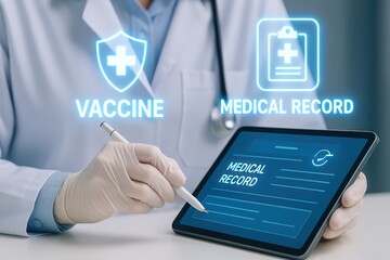 Doctor Reviewing Medical Records and Vaccine Information on Digital Tablet with Graphic Icons in Modern Healthcare Setting