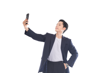 Asian businessman explaining something, thoughtful expression in modern office