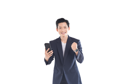 Asian businessman looking surprised, determined expression in modern office