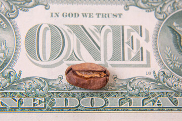 Close-up of a split coffee bean on a one-dollar bill, merging the rustic charm of agriculture with the precision of currency. The green and brown tones create a striking visual